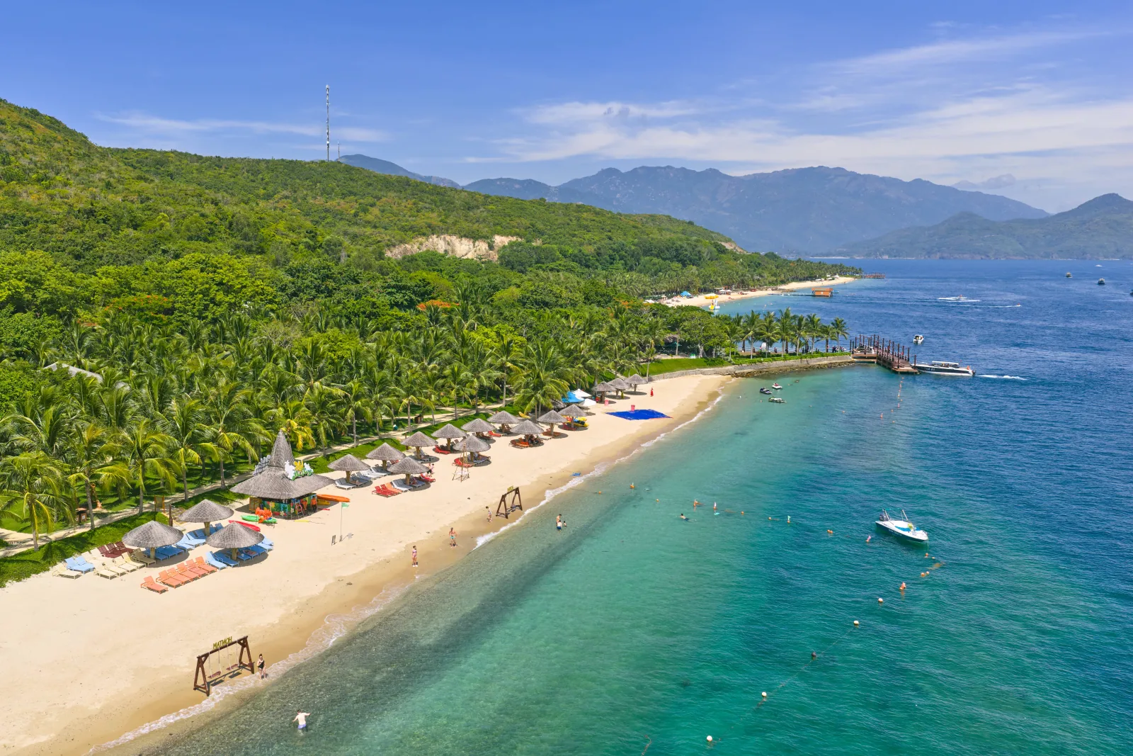 Drone view of the beach and shoreline on Hon Tam Island