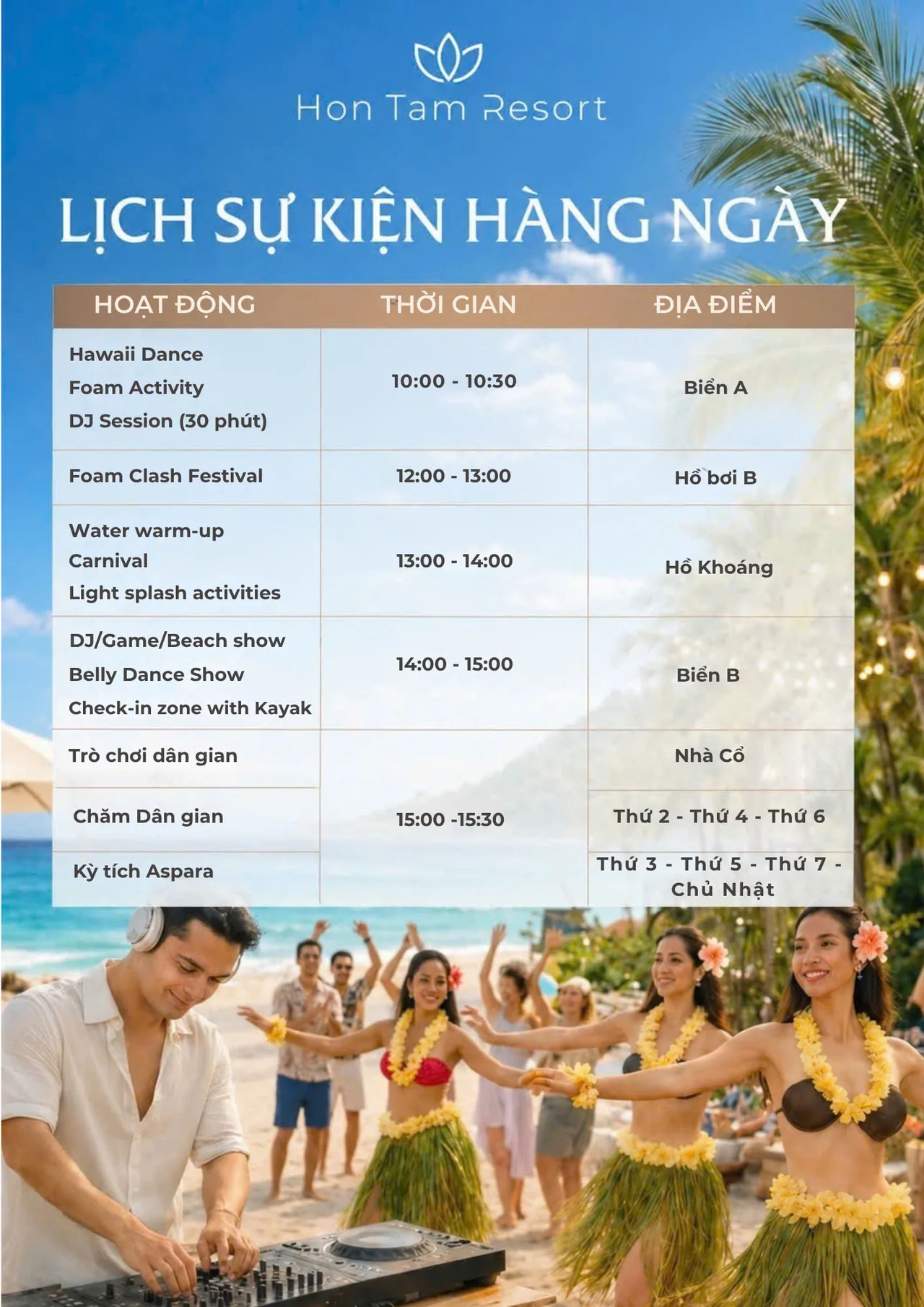 Hon Tam Resort daily event schedule: dance, foam activity, DJ session, beach show and Ancient House program