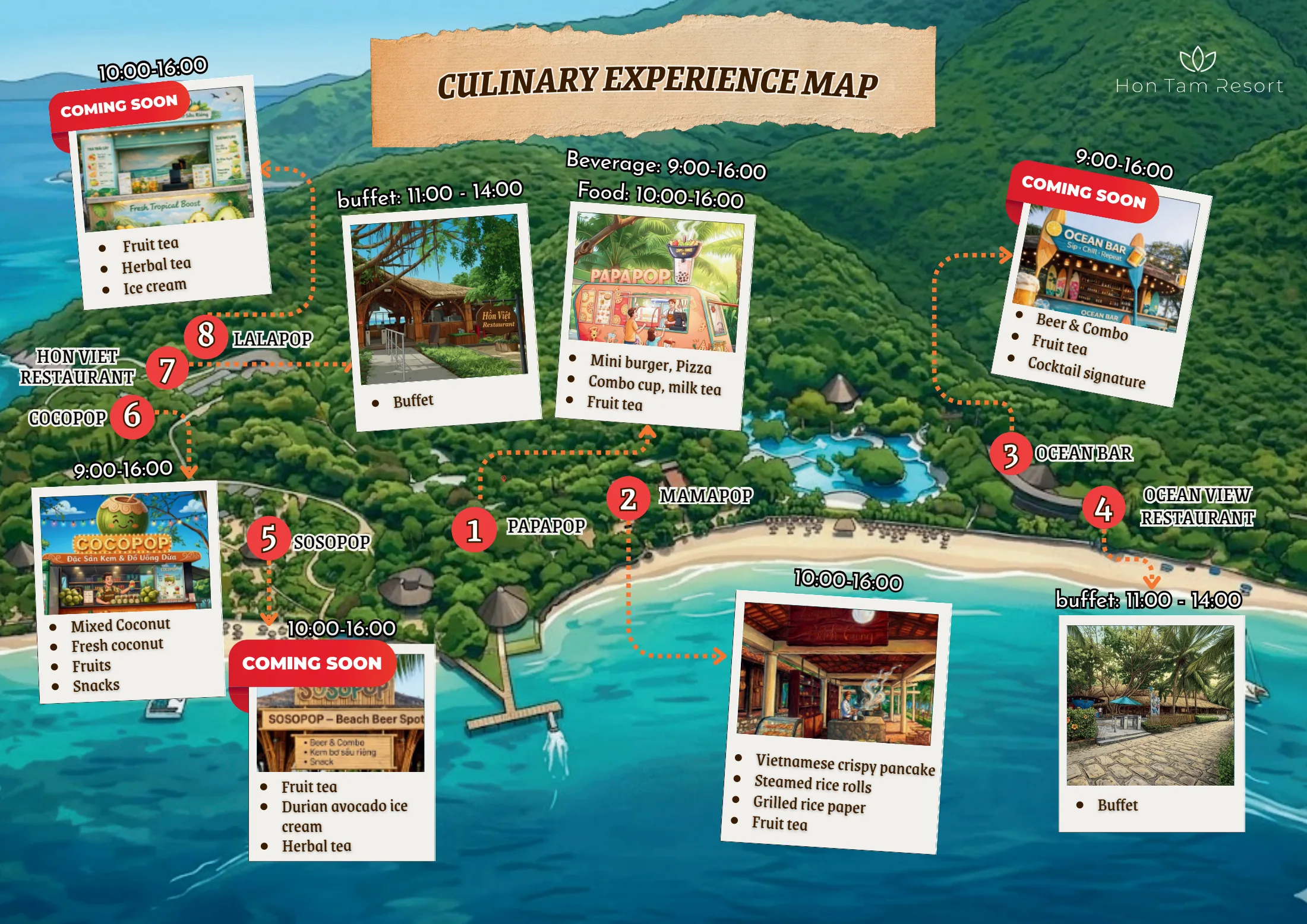 Hon Tam Island food and drinks map with restaurants, bars and service times