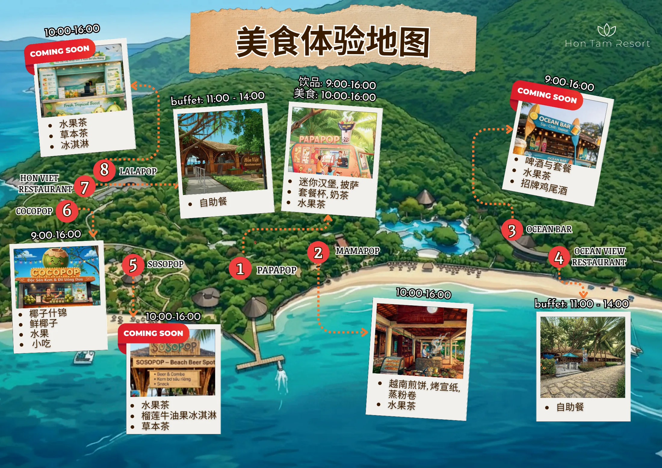 中文 Hon Tam 岛餐厅和酒吧地图