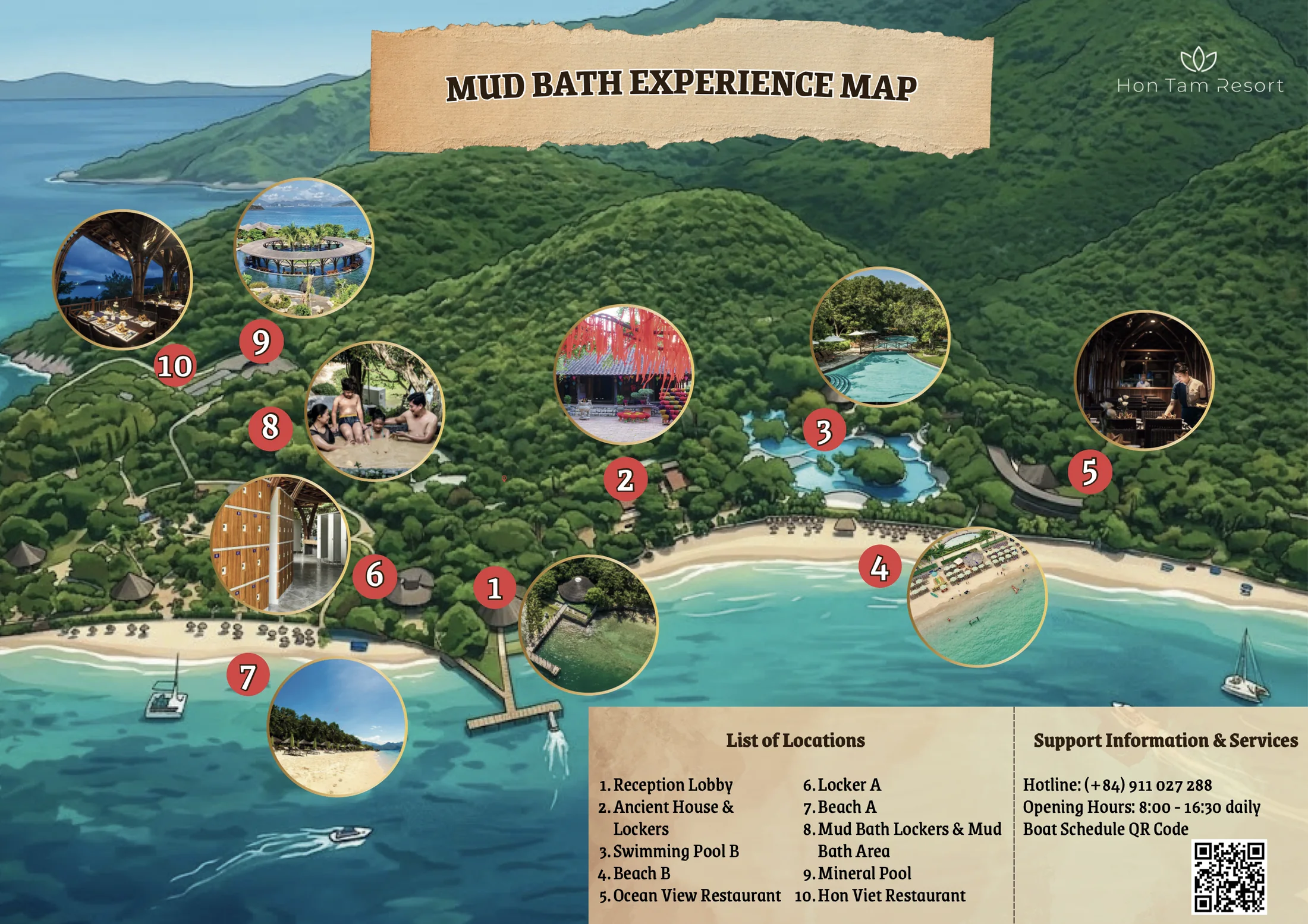 Hon Tam Island mud bath experience map with beaches, pools, restaurants and lockers