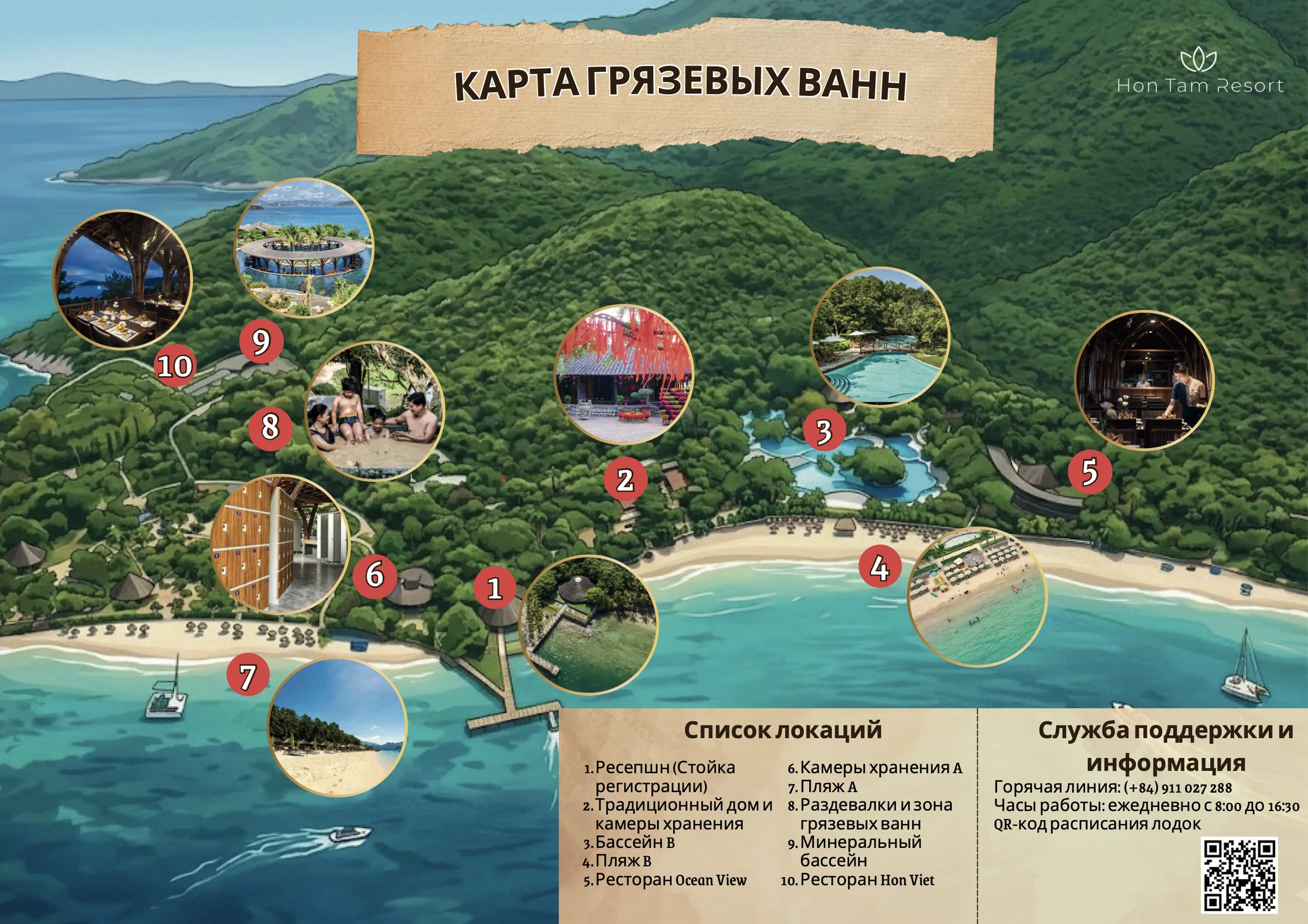Карта острова Хон Там с зонами грязевых ванн, пляжами, бассейнами и ресторанами
