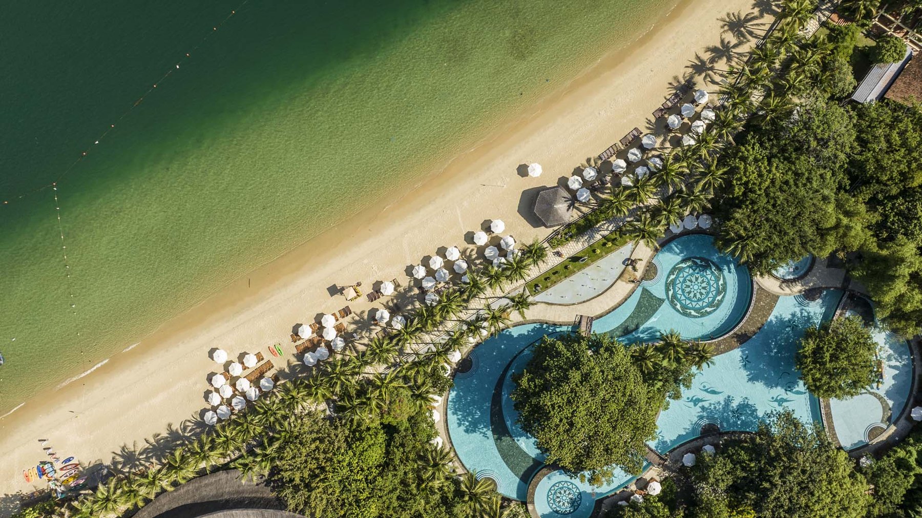Aerial photo of Hon Tam beach, pools and green grounds