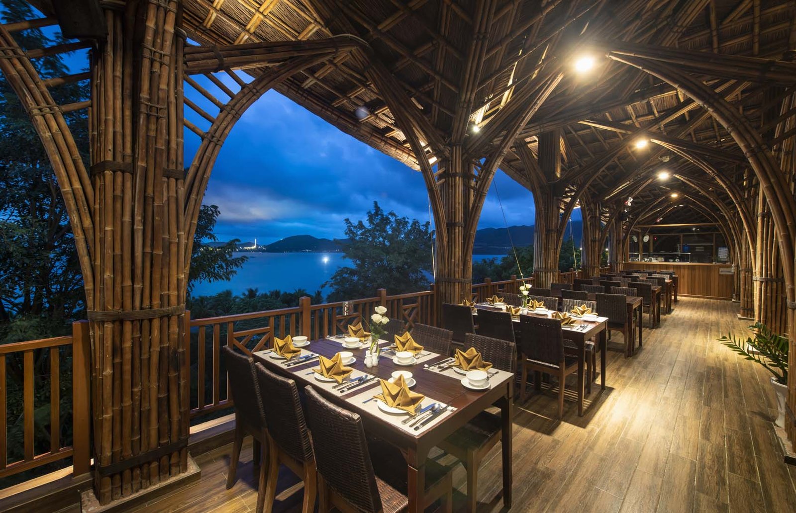 Hon Tam restaurant in the evening with tables set