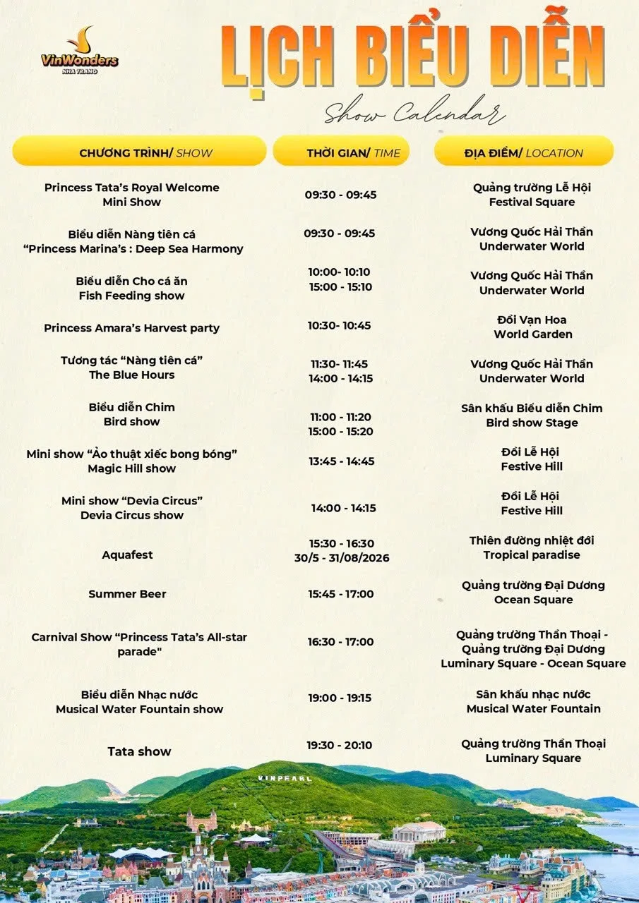 Official VinWonders Nha Trang show schedule effective 24 August 2026